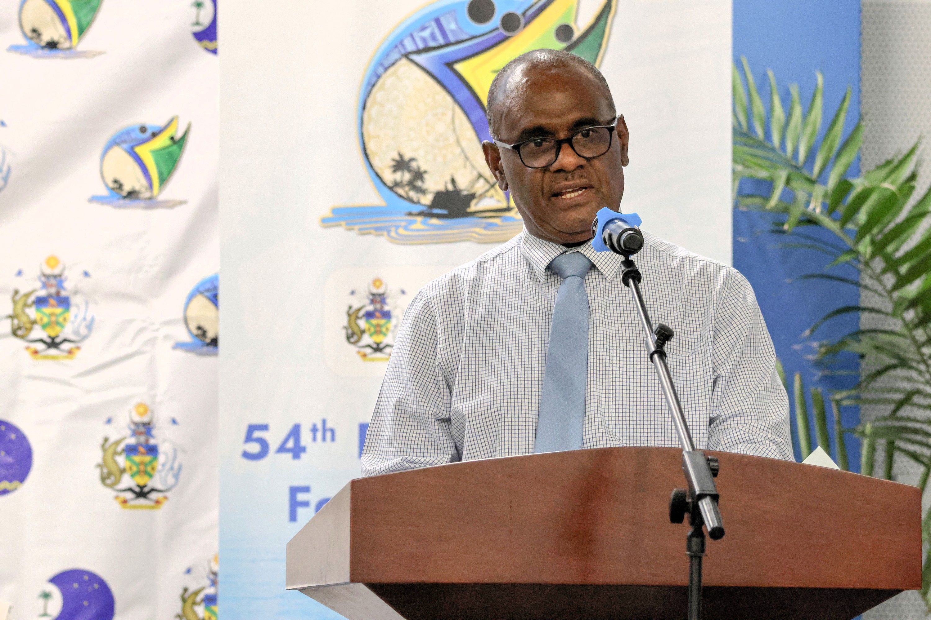 PM Manele presenting his keynote address before the media